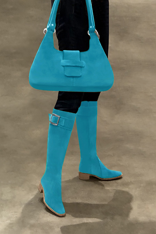 Turquoise blue women's riding knee-high boots. Round toe. Low leather soles. Made to measure. Top view - Florence KOOIJMAN